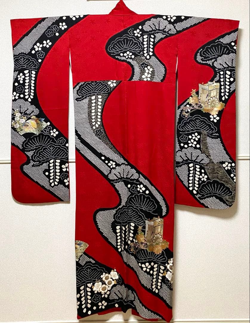 振袖 フルセット 絞り 赤黒 正絹