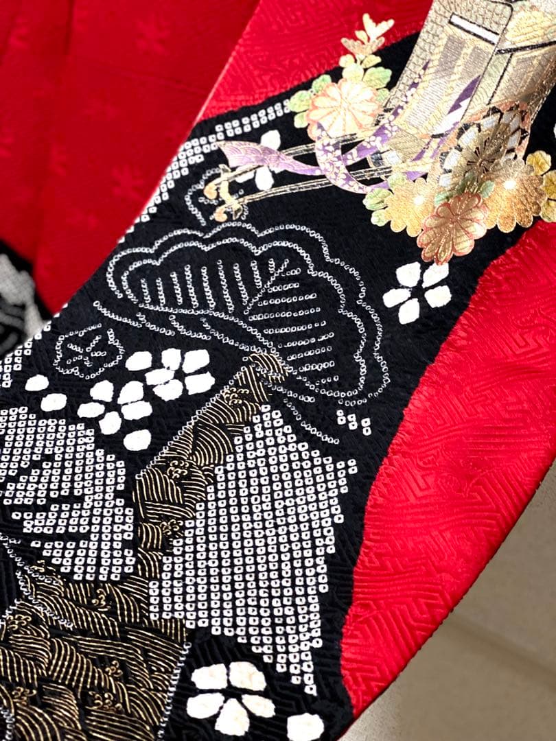 振袖 フルセット 絞り 赤黒 正絹