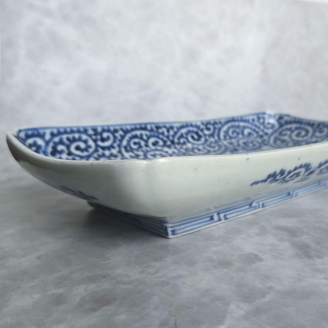 無傷　古伊万里　染付　蛸唐草　長皿　角皿　江戸時代　金直し　金継ぎ　骨董　牡丹