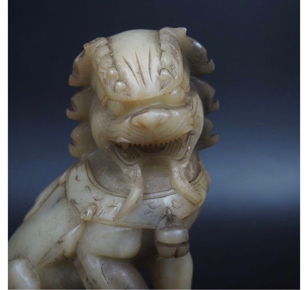 送料無料　中国古玩　清時代滑石彫刻獅子一対　高さ１８ｃｍ