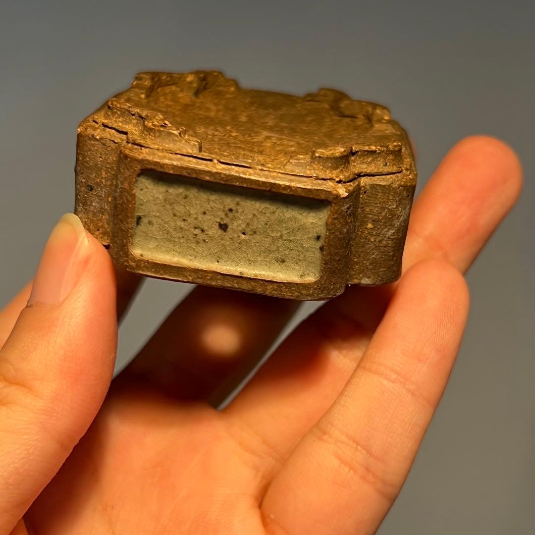 768.夢陶 隅角額入長方豆鉢 平成四年初窯 盆栽鉢 6*5.3*2.2cm