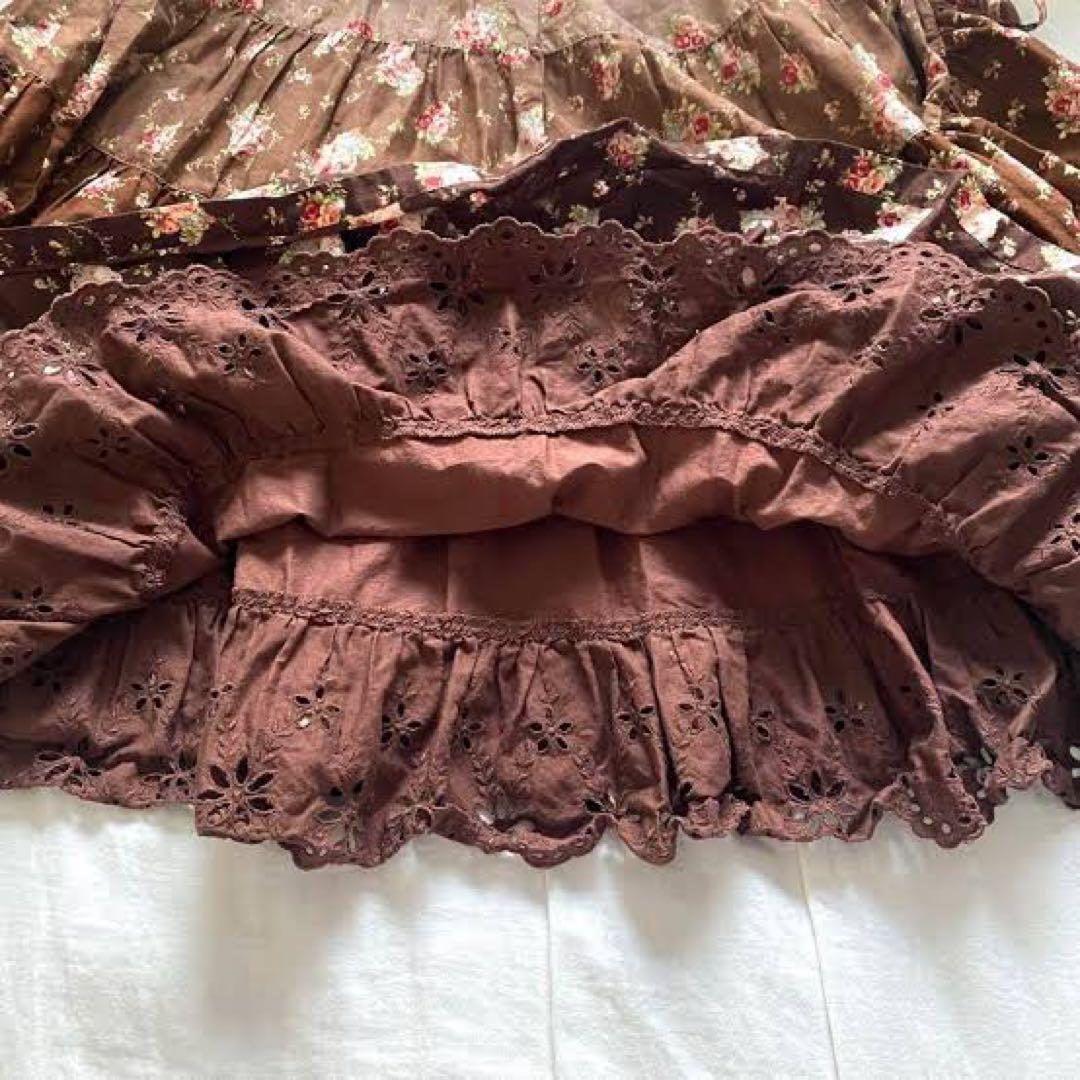 ピンクハウス ブラウン たくし上げリボン　グラデーション綿ローンスカート