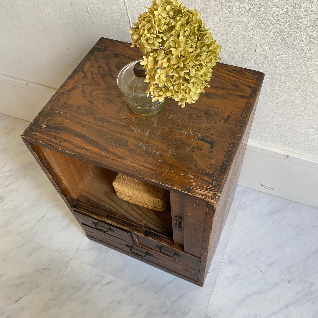 希少 アンティーク 蛇腹扉の小振りの棚 小引き出し 古道具