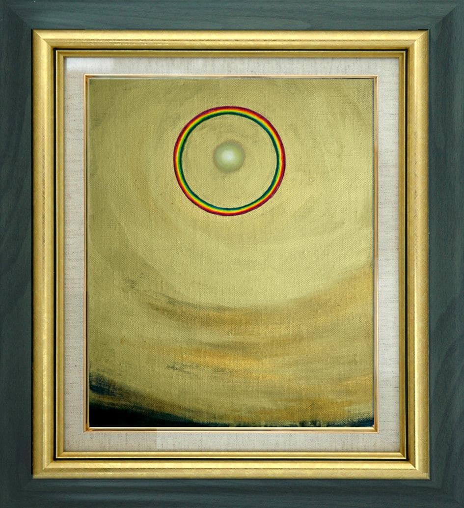 油絵 菅家令子 絵 絵画インテリア額付(青緑＋金色の枠)F3-G92023祈希望