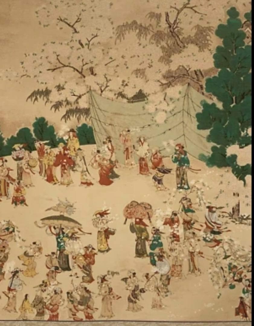 【額装美術品】桜花見図 日本画風額装 アンティーク 和風絵画 50x45 r