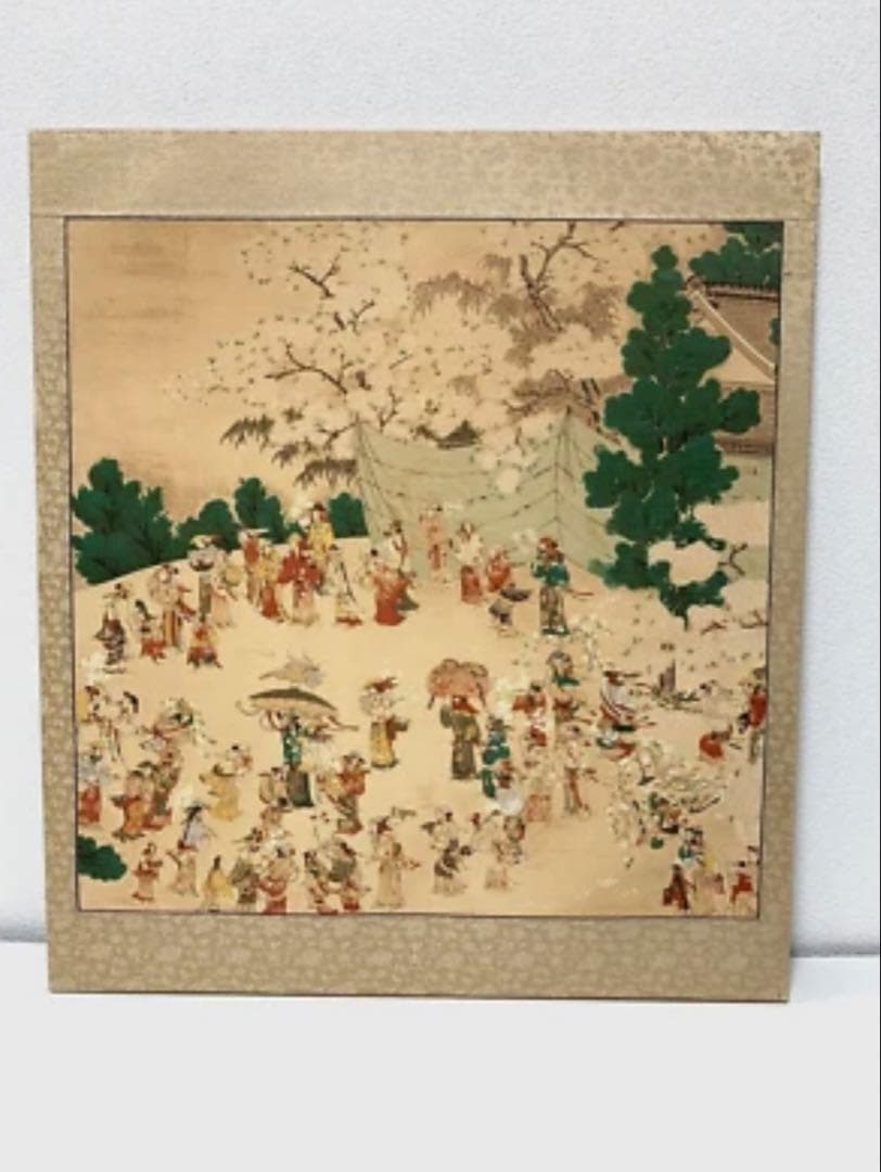 【額装美術品】桜花見図 日本画風額装 アンティーク 和風絵画 50x45 r