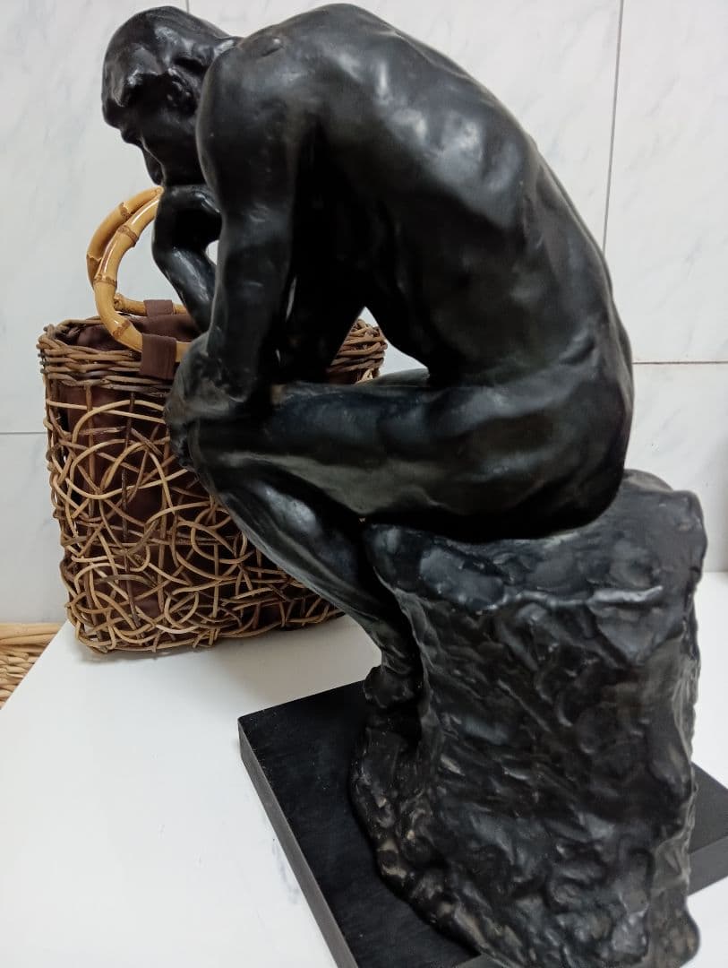 オーギュスト・ロダン稀少高さ４０センチ「考える人」モチーフ木彫美術彫刻飾り置物