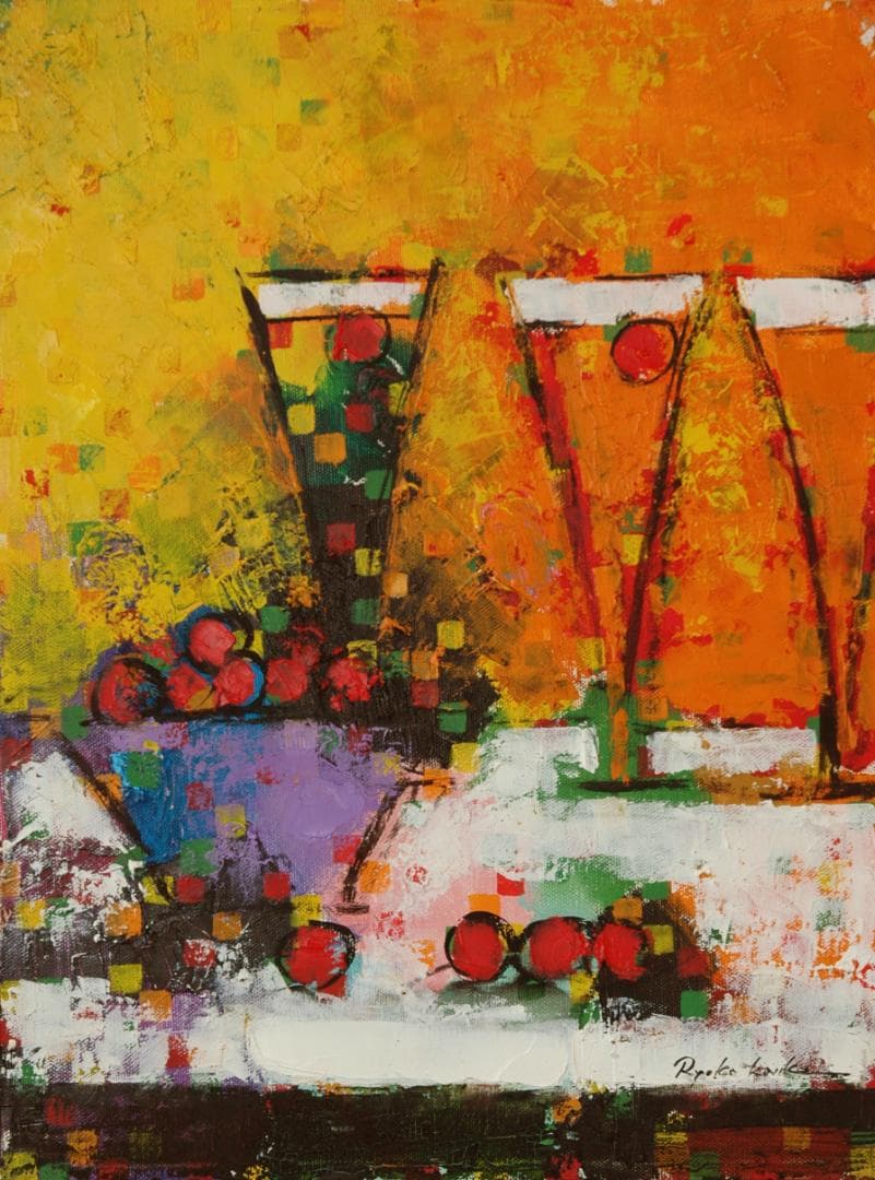 油絵 菅家令子絵 絵画インテリア額付(青緑＋金色の枠)uF6-062804ワイン