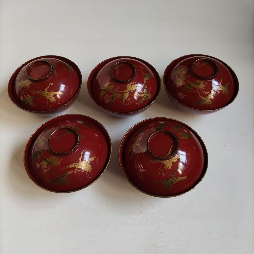 鶴金彩模様の赤漆器蓋付き椀 5個セット