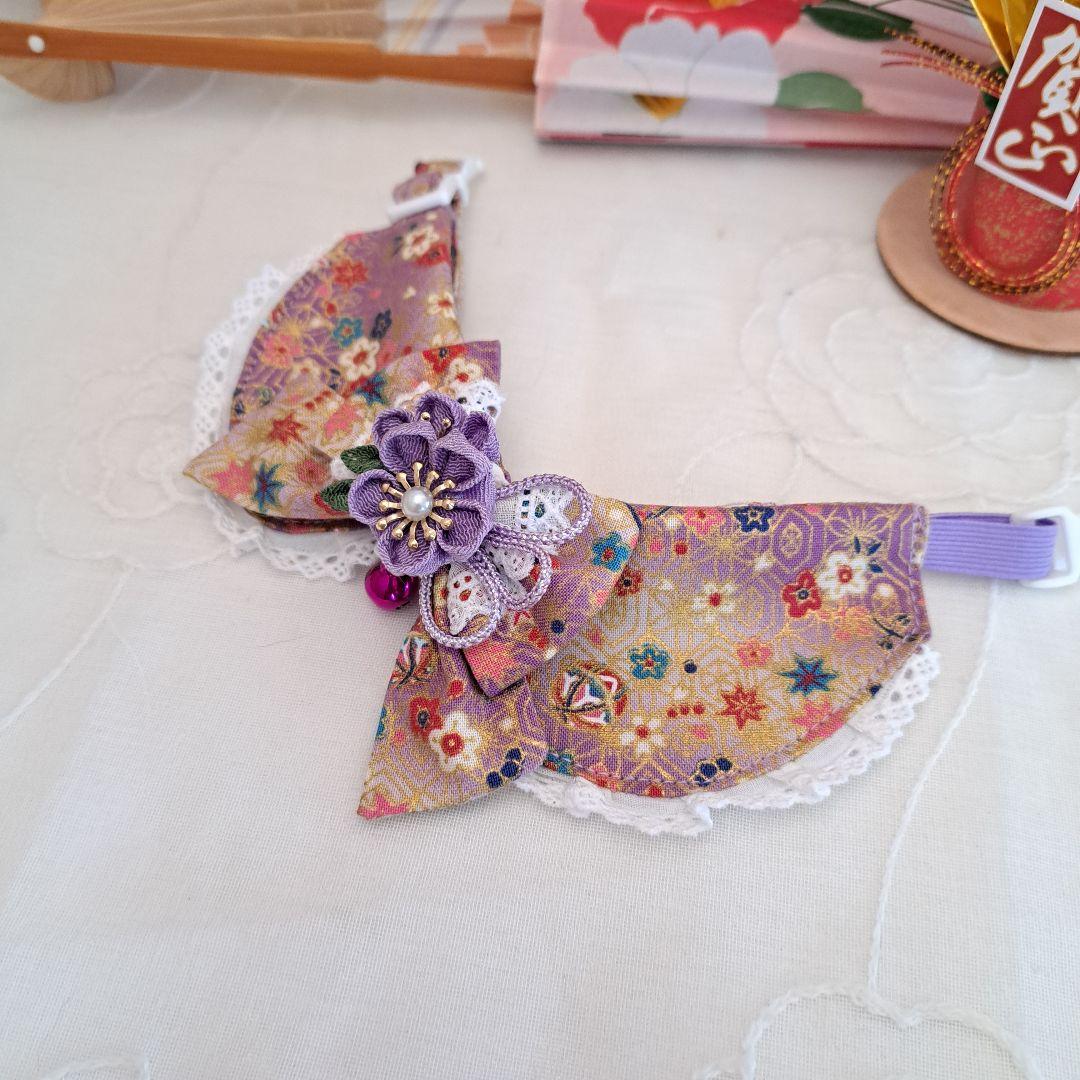 お正月仕様和風つまみ細工(藤色①)わんちゃん猫ちゃん用襟つき首輪