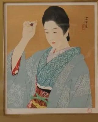 伊東深水リトグラフ（石版画)作品名夜會巻、1996頃出版額入り（アクリル)