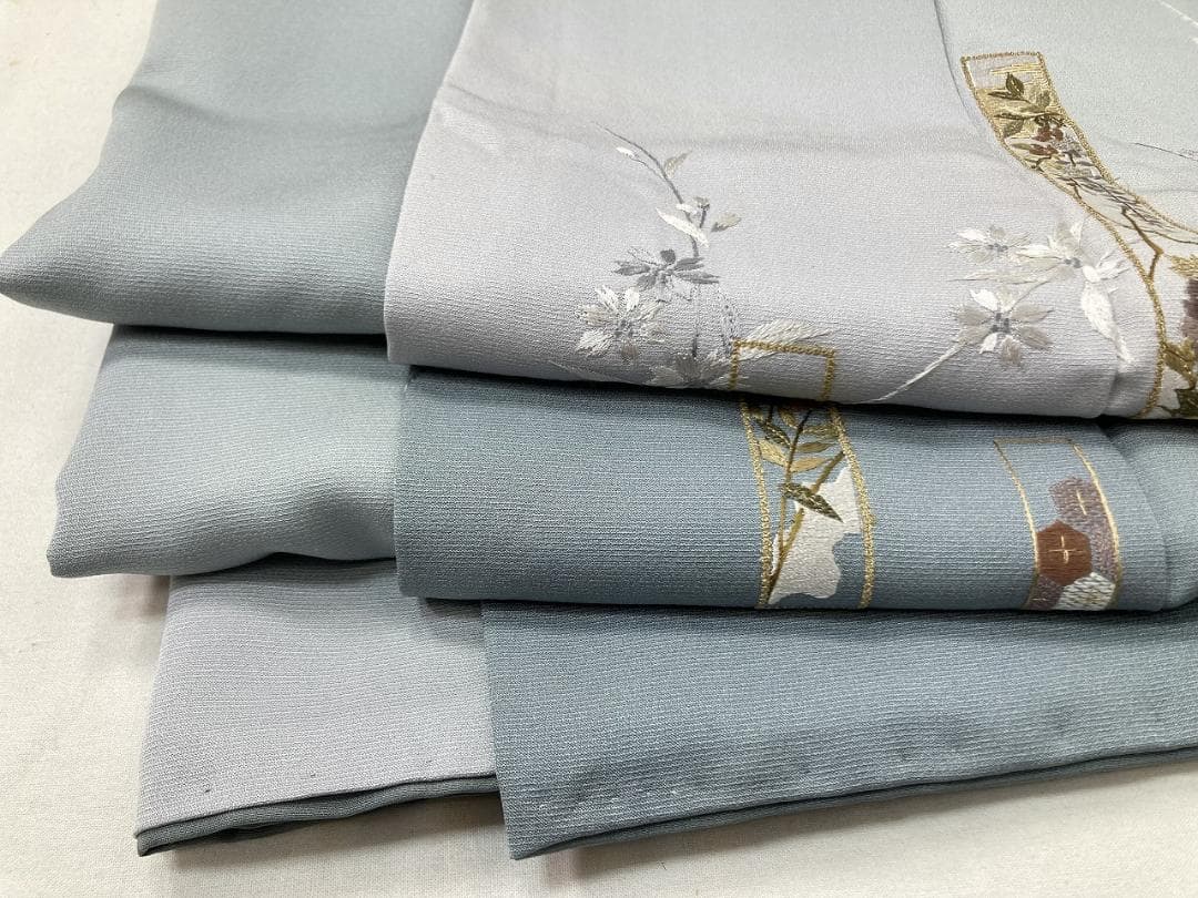 総刺繍 やまと誂製 熨斗 訪問着 袷 正絹 水色 グレー 紫 青 白藍 1395