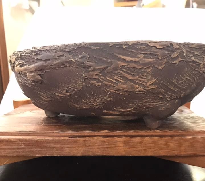 盆栽鉢　松皮盆栽鉢手作り盆栽鉢希少植木鉢山野草鉢3つ足25cm木肌作り