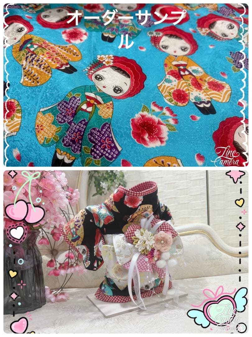 B394.pon2pan2☆オーダー☆犬お着物☆文化人形柄☆水色
