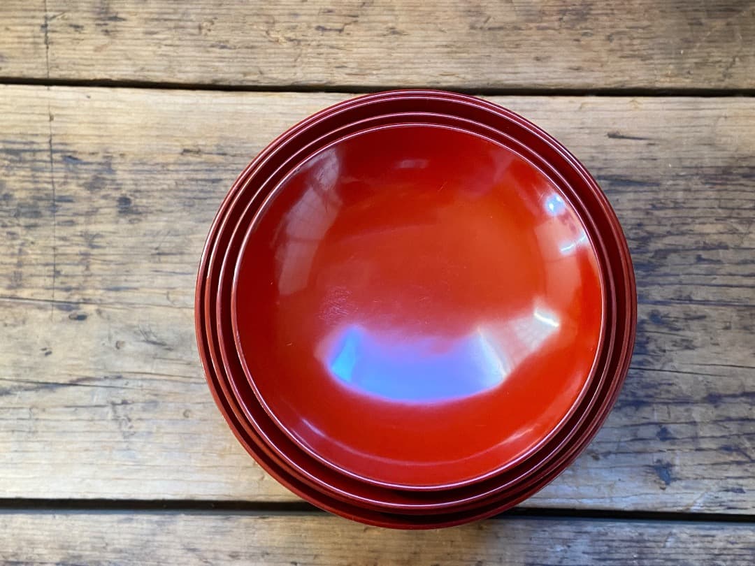 能登蔵出し 輪島塗 朱漆 入れ子 四つ椀 / 時代 朱塗 漆器椀 四つ組椀 正月