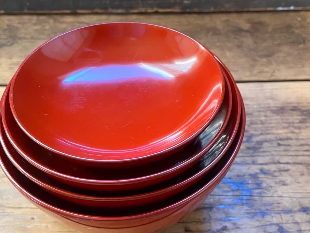 能登蔵出し 輪島塗 朱漆 入れ子 四つ椀 / 時代 朱塗 漆器椀 四つ組椀 正月