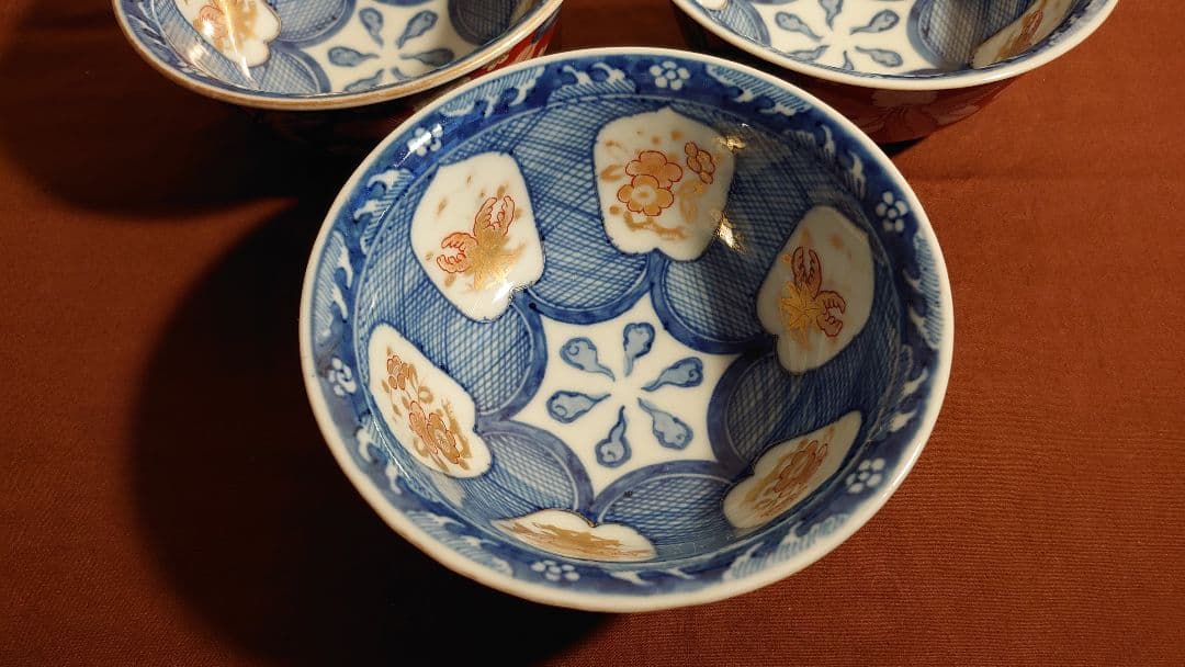 大聖寺伊万里　古伊万里　伊万里　色絵　染付　丸鉢　菓子鉢蔵出し　江戸期　３客