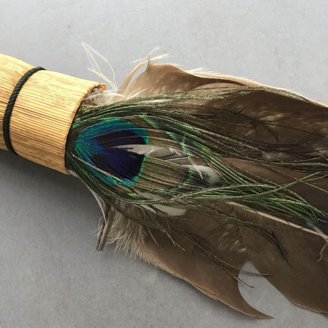 茶道具　羽箒(孔雀羽入り) 紙箱(修復歴あり、紙箱劣化有)　S21HB