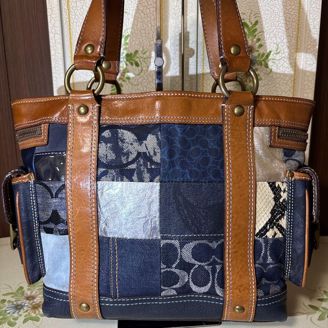 COACH トートバッグ パッチワーク デニム シグネチャー　レザーハンドバック