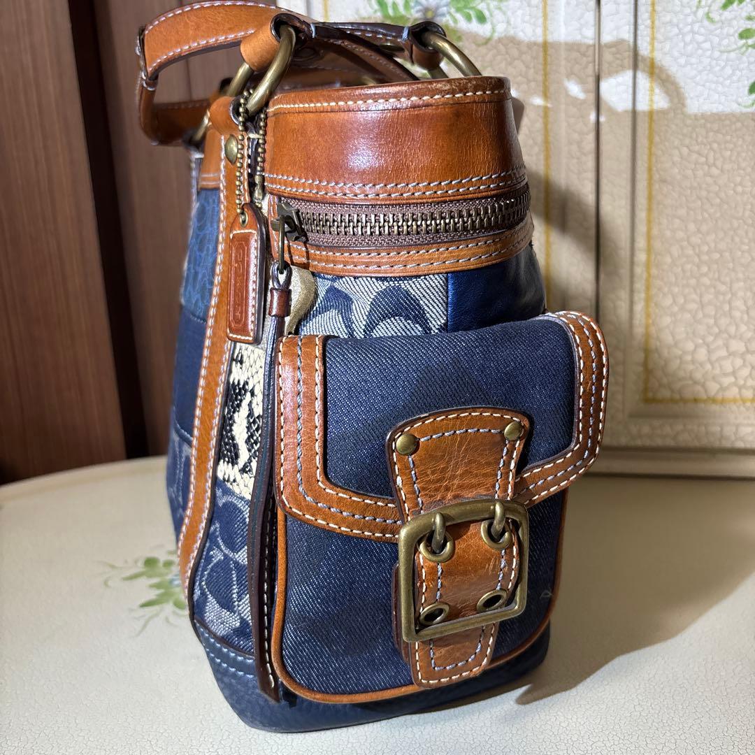 COACH トートバッグ パッチワーク デニム シグネチャー　レザーハンドバック