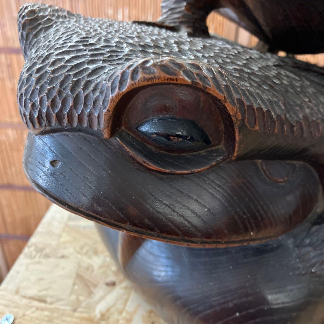 骨董　福かえる　木彫刻　親子かえる　昭和20年頃の作￼Ｎ34KE