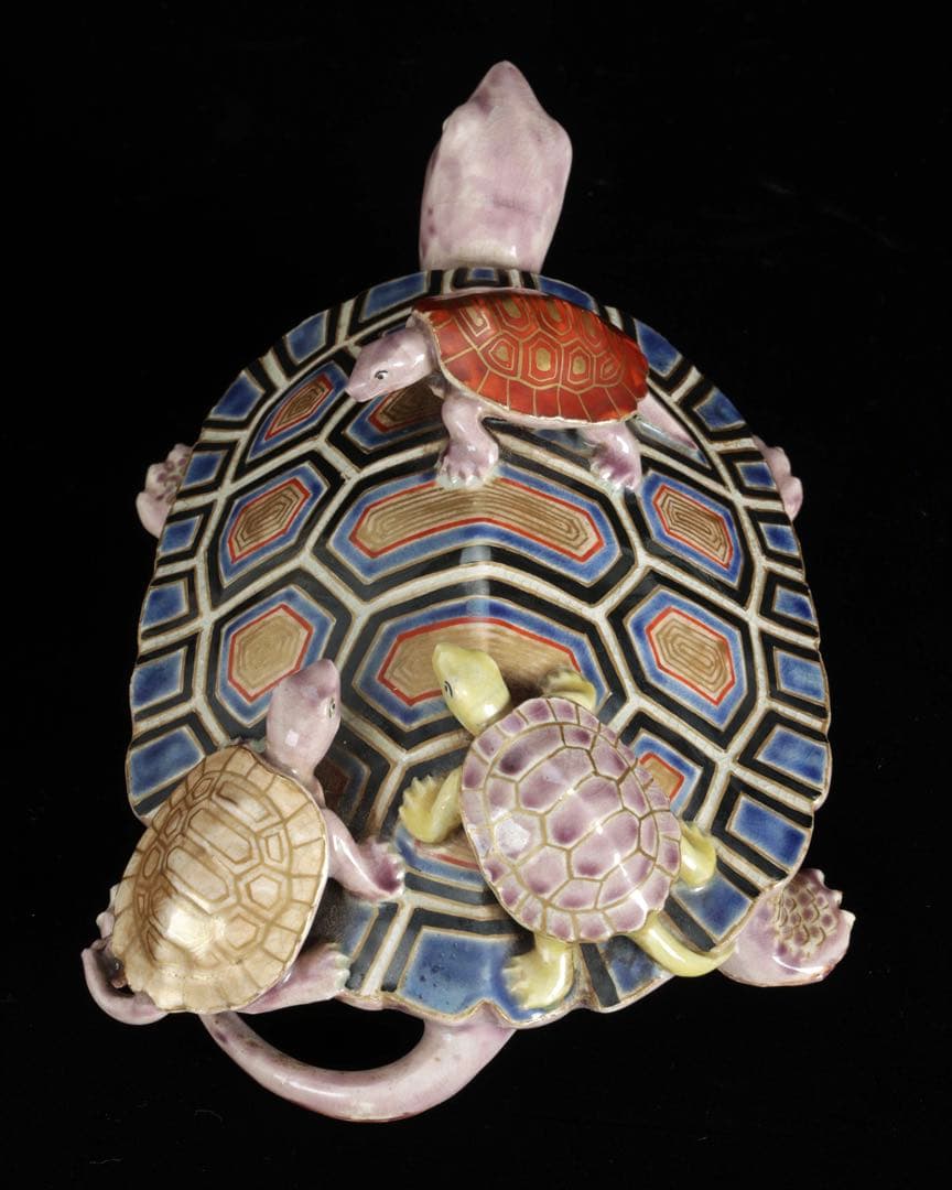 野々村仁清 在銘 色絵親子亀置物 共箱 京焼 細密造形 縁起物 古美術 骨董品