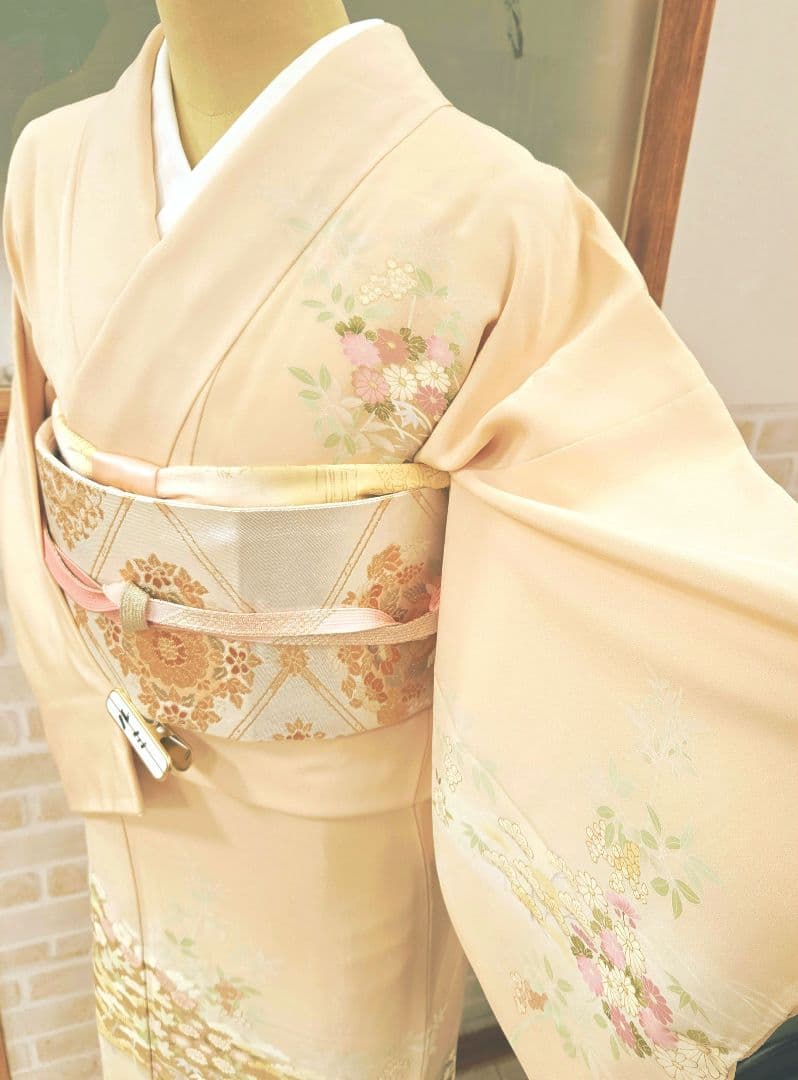 トールサイズ訪問着4点フルセット、着物、袋帯、帯締め、帯揚げ、 ベージュ系