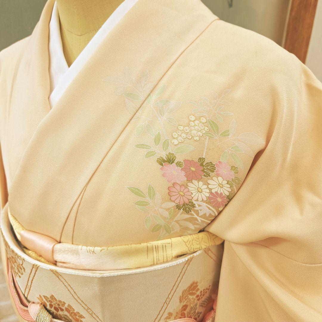 トールサイズ訪問着4点フルセット、着物、袋帯、帯締め、帯揚げ、 ベージュ系