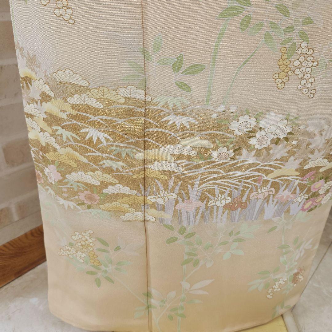 トールサイズ訪問着4点フルセット、着物、袋帯、帯締め、帯揚げ、 ベージュ系