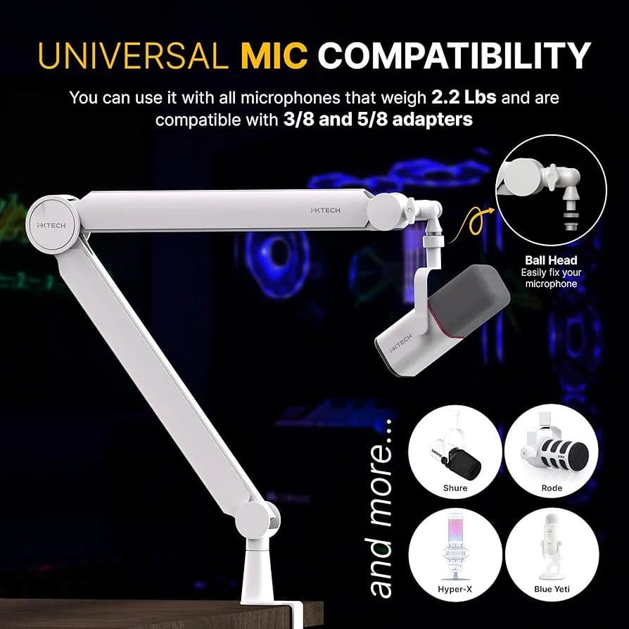 IXTECH マイクアーム ホワイト プレミアムブーム 360°回転 スタンド