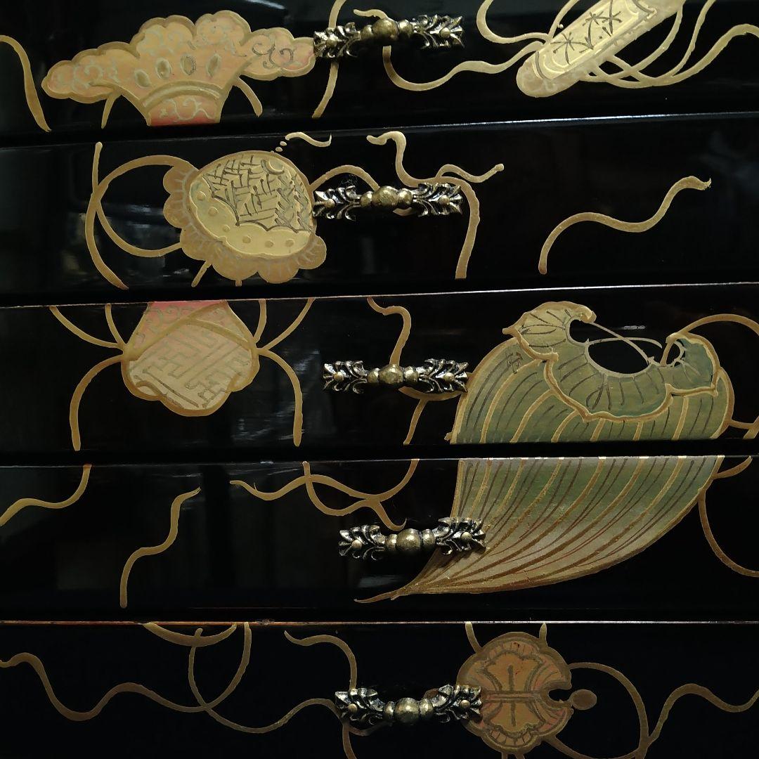 A846 輪島塗 蒔絵 五段引き出し 小箪笥 黒漆箱 仏具 経箱 五帖 経箱