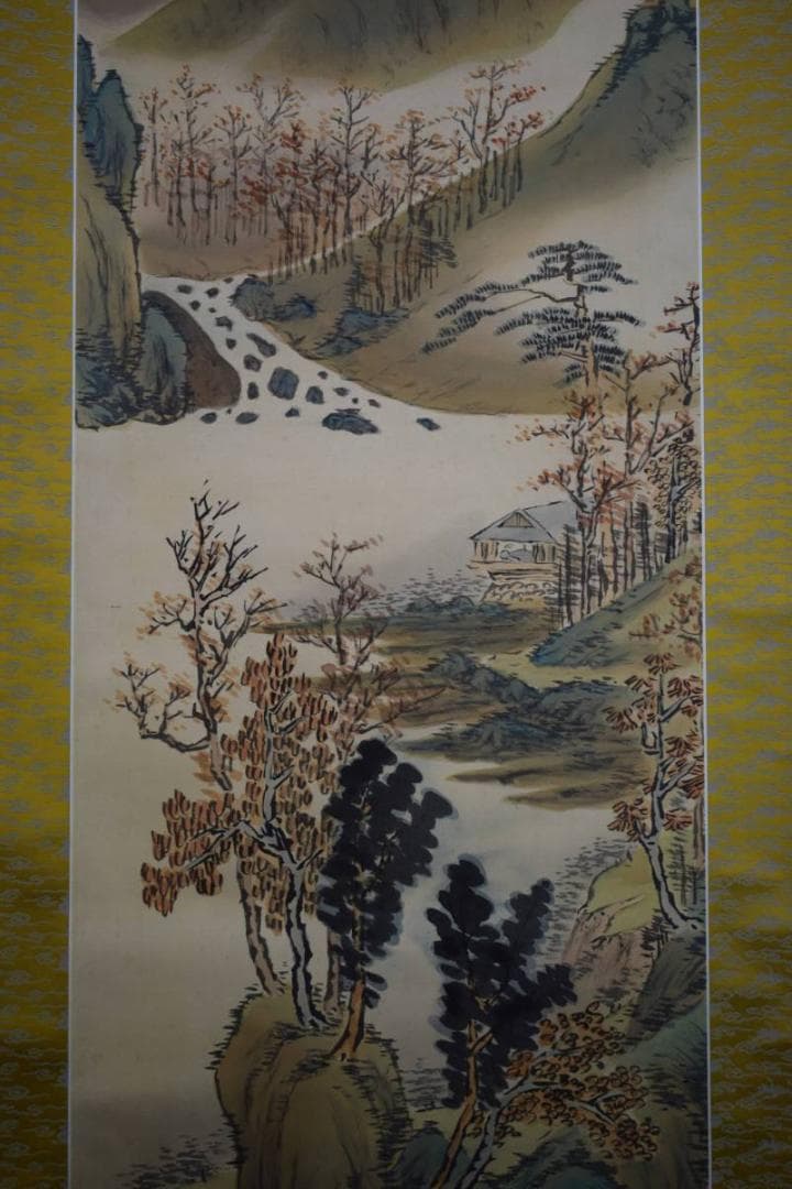 真作/姫島竹外/青緑秋景山水図/桐共箱二重箱付/布袋屋掛軸HD-942