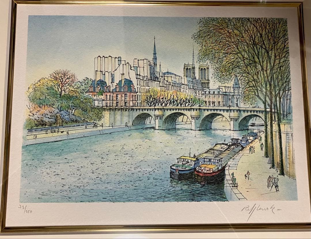 【希少・額装品】ラフルスキー 「セーヌ川」リトグラフ 額縁付き 絵画