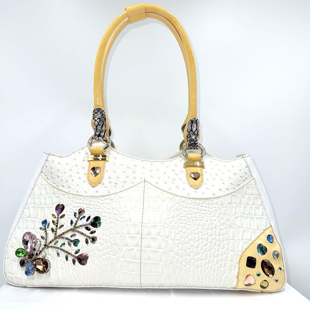 ✨良品✨ ミケランジェロ ビジュー 装飾 型押しレザー トート ハンドバッグ