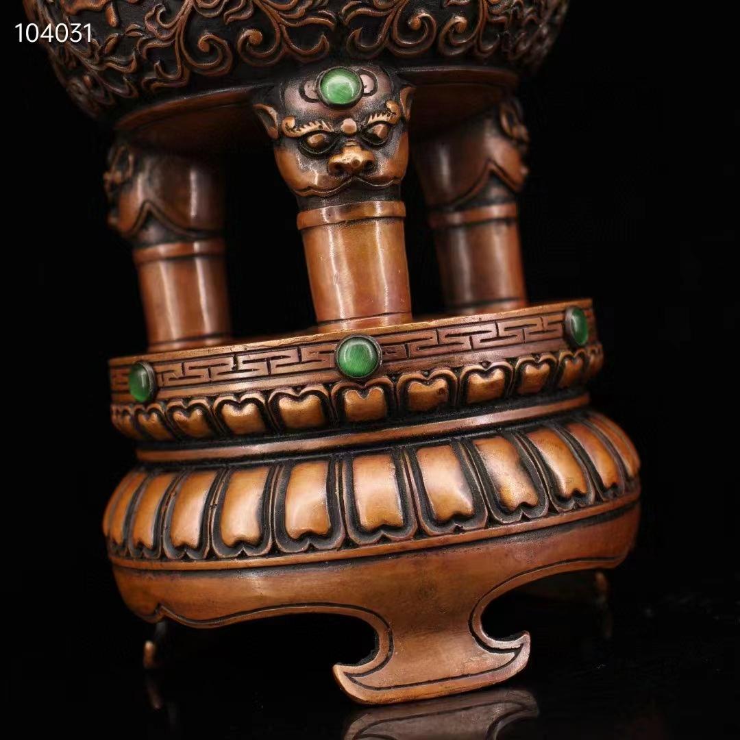 中国古美術·純銅製·純手作り·宝石をはめ込み塔形香炉·風水鎮宅·置物·細密彫