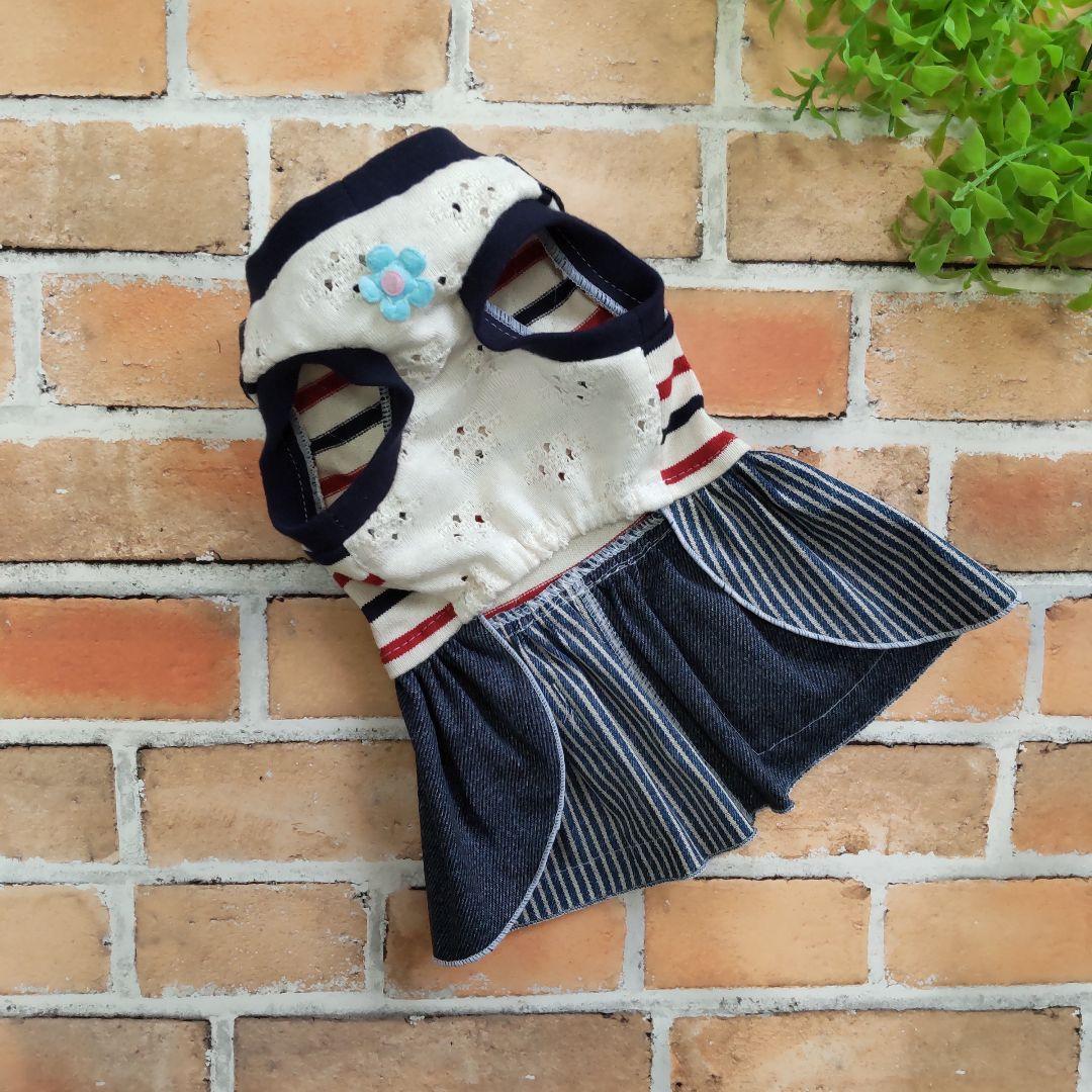 犬服 No.197 トリコロールボーダー×デニムワンピース ハンドメイド