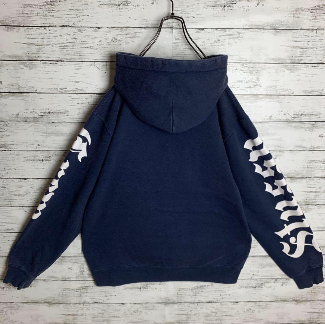 STUSSY◎紺白 袖ロゴ ストックロゴ パーカー ネイビー　古着