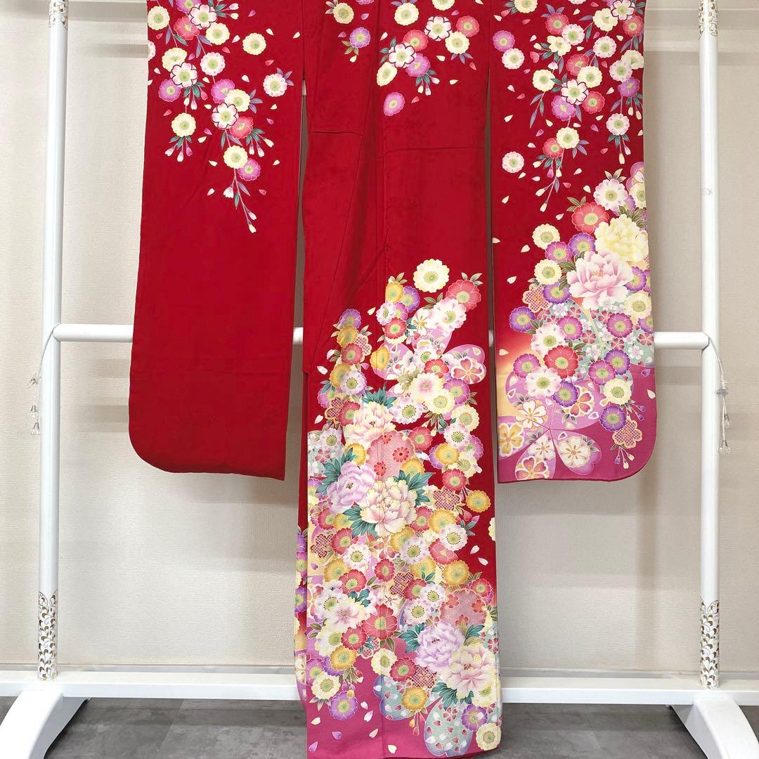 ⭐︎K0810 美品 正絹 振袖 レンタル店放出品 ガード加工 花柄 赤 9号
