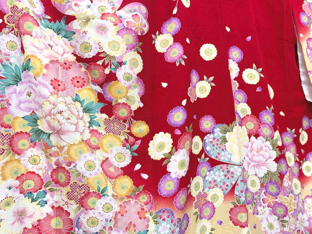 ⭐︎K0810 美品 正絹 振袖 レンタル店放出品 ガード加工 花柄 赤 9号
