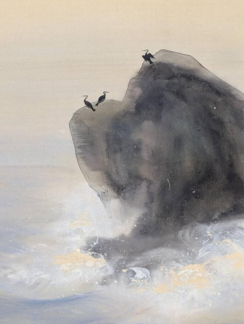 【真作】掛軸　豊秋半次（半二）　海景図　岩に海鳥　彩色日本画　古美術　U14