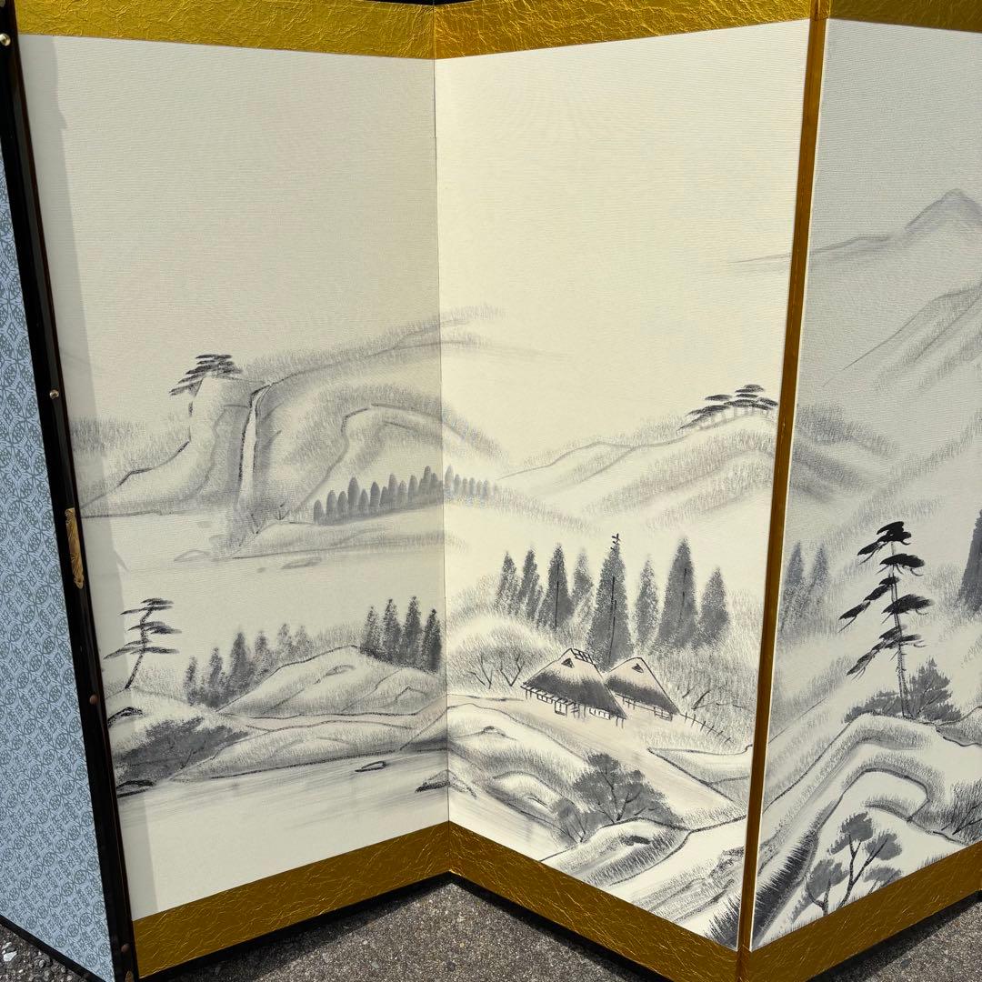 【秀峰銘】山水図屏風 風景図約259×116㎝ 金紙 片面 六曲 屏風 日本画