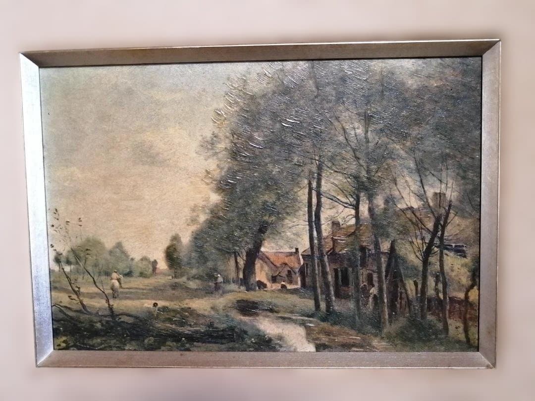 複製画　ヴィンテージ　「ジャン＝バティスト・カミーユ・コロー」風景画　額縁付き