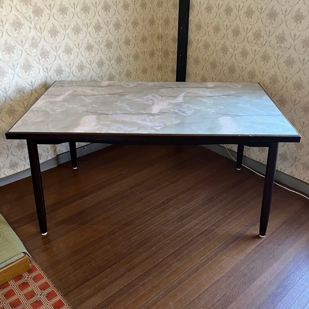 【アンティーク】昭和レトロ 木製 大理石柄 天板 ダイニングテーブル 古家具