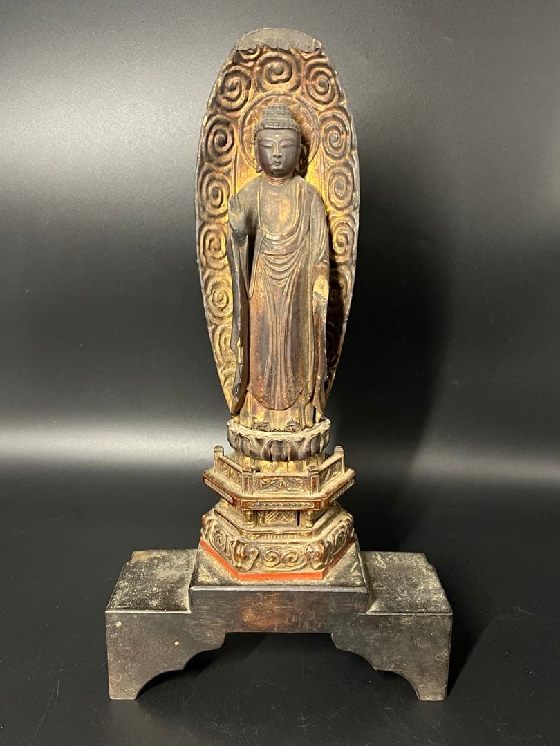 江戸時代後期 木彫 阿弥陀如来立像 仏像 舟形光背 古仏 仏教美術◎ 古美術庵々