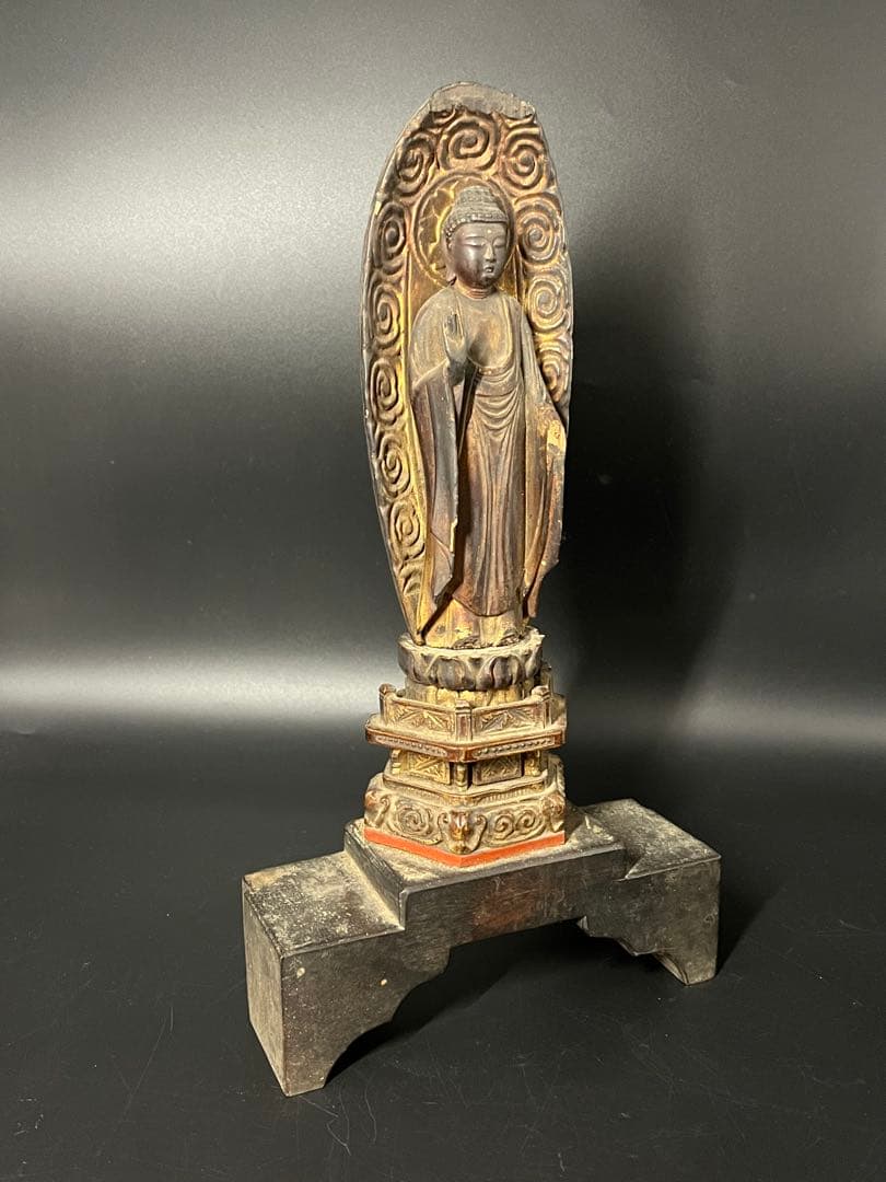 江戸時代後期 木彫 阿弥陀如来立像 仏像 舟形光背 古仏 仏教美術◎ 古美術庵々