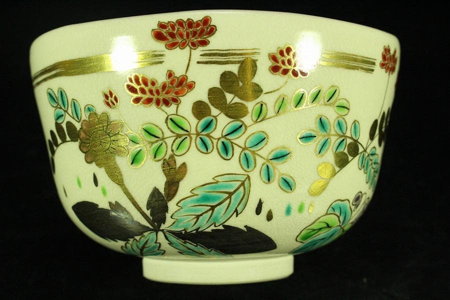 茶道具 清水焼 色絵春草茶碗 共箱 美品(K-A667)