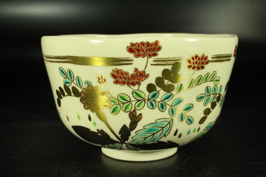 茶道具 清水焼 色絵春草茶碗 共箱 美品(K-A667)