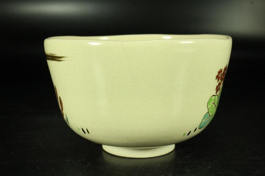 茶道具 清水焼 色絵春草茶碗 共箱 美品(K-A667)