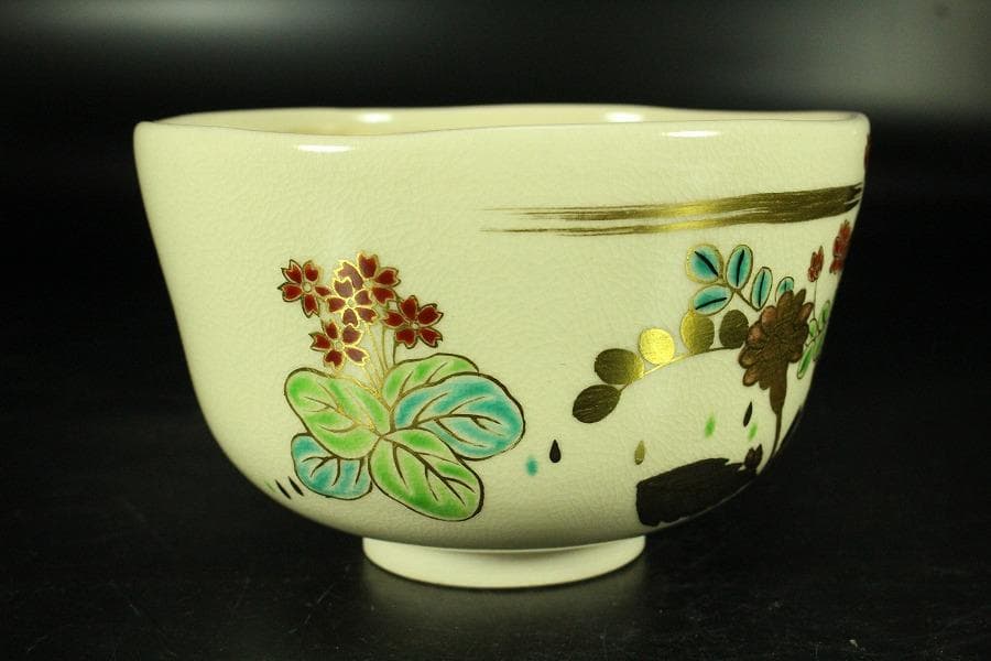 茶道具 清水焼 色絵春草茶碗 共箱 美品(K-A667)