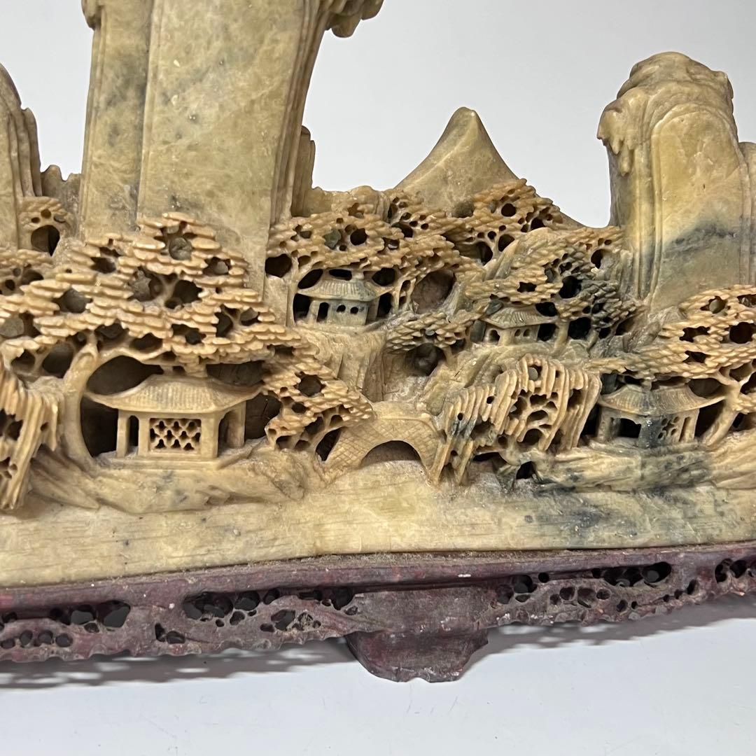 中国 寿山石楼閣山水雕 床飾 置物 彫刻